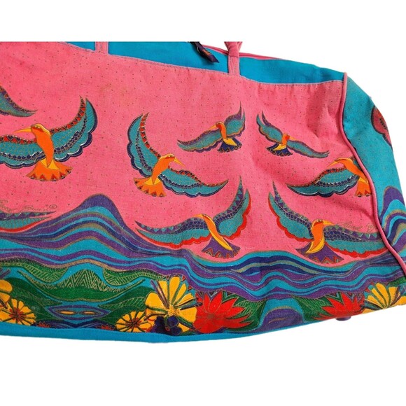 Laurie Burch Sun Sand Bag Large Parrot Bird Paradise Beach Blue Pink Hawaiian - Picture 2 of 12